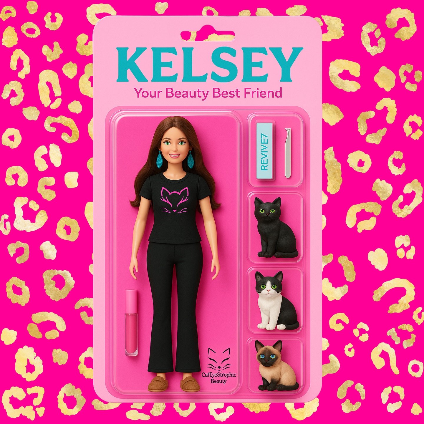 Limited Edition Kelsey Doll 💕
Unlimited beauty services at your fingertips! 😻
Accessorized with my three purfect cats 🐾, @revive7beauty lip &amp; lash serum 💄, &amp; of course lash tweezers ✨
Had to jump on this fun trend&mdash;Barbie style! 💖🤩
