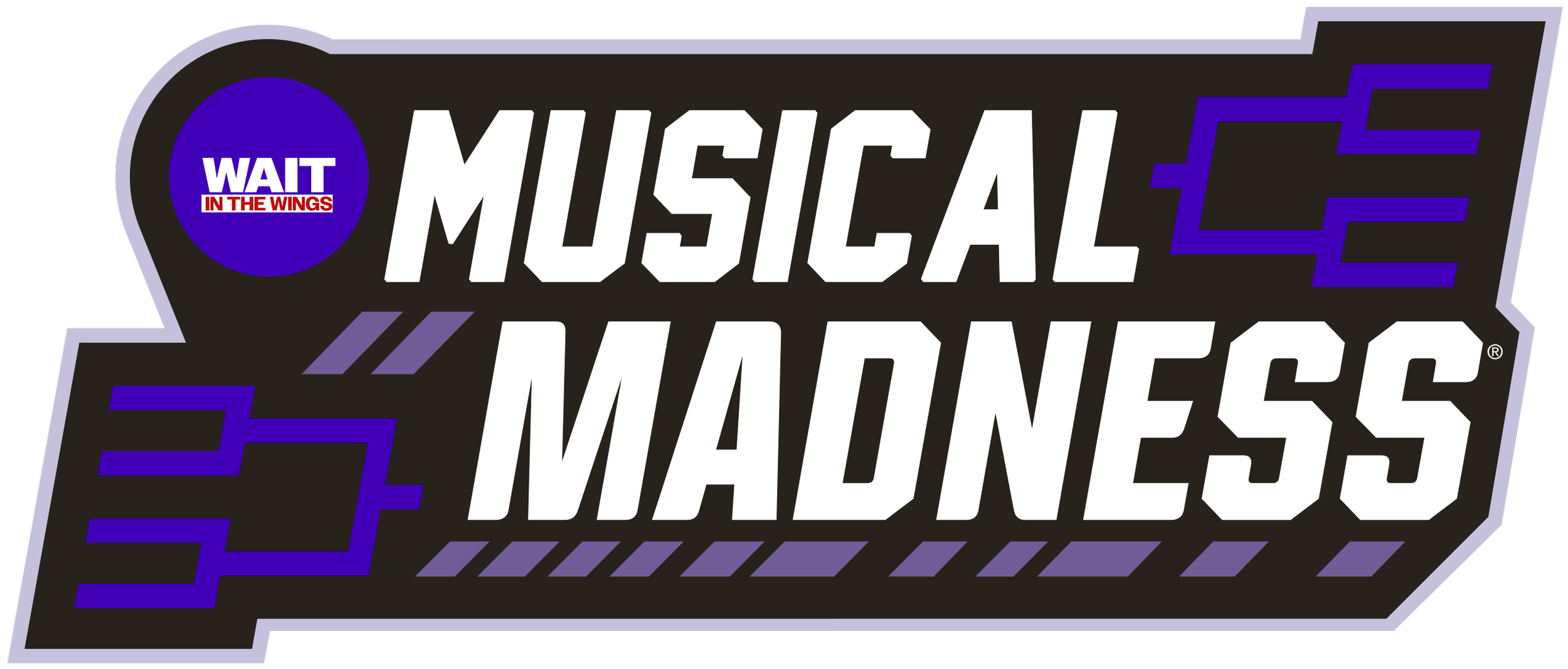 Logo of the musical 'Madness' featuring the phrase "Wait in the Wings" in a blue circle and the words "Musical Madness" in bold white letters on a black background with purple and blue design elements
