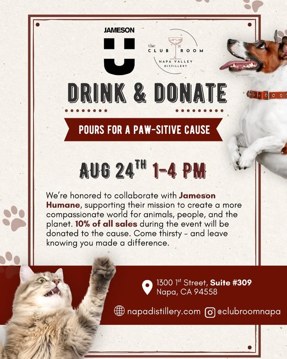 Join me this Sunday from 1-4 at the Napa Valley Distillery for a Drink and Donate! 10% of all sales will be donated to Jameson Humane 🐈🐶🍸
@napavalleydistillery @clubroomnapa @jamesonhumane
