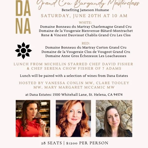 There are only a few seats left for the Grand Cru Burgundy Masterclass on June 20th, led by me, Mary Margaret McCamic MW, and Clare Toooley MW! The class is being hosted at Dana Estates and will be followed by lunch prepared by Michelin-starred resta