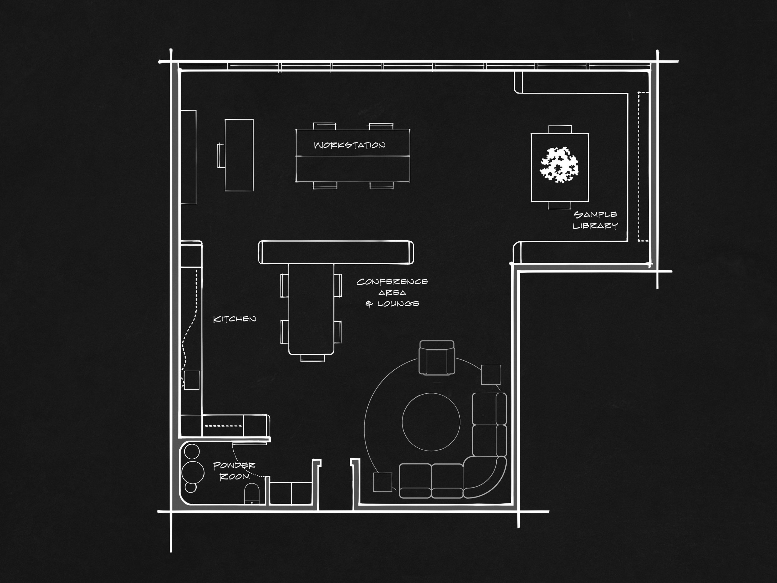 Black and white floorplan of a Toronto design office designed by Julian Mensah Interiors