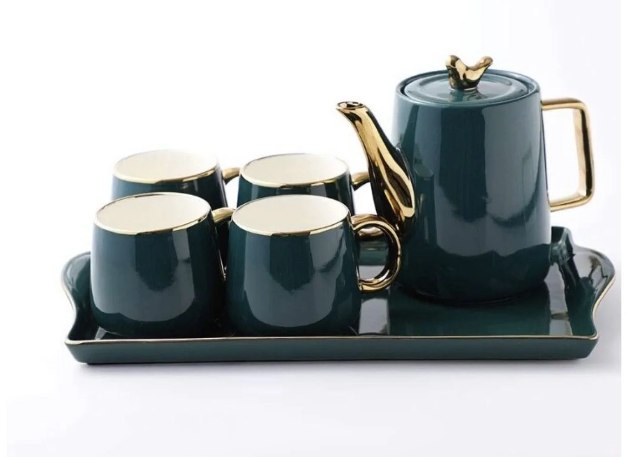 Luxury Teapot and Tea cup Set with Tray, Emerald Ceramic Teapot Coffee Cups Set: Teapot 40 ounces and 4 cups 10 ounces each