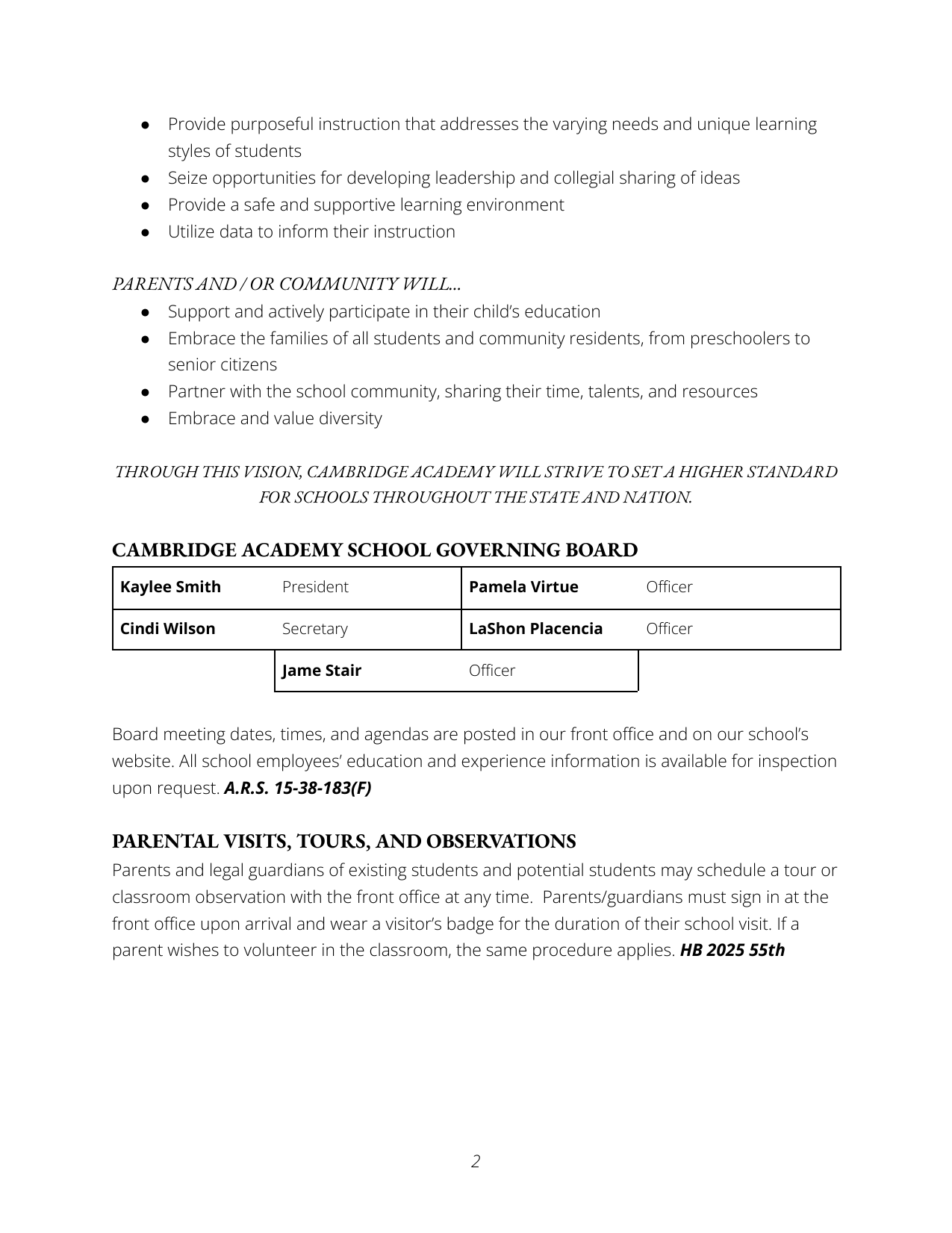 Page from a school document outlining principles for effective instruction, community involvement, school board members, and policies for parental visits, tours, and observations.