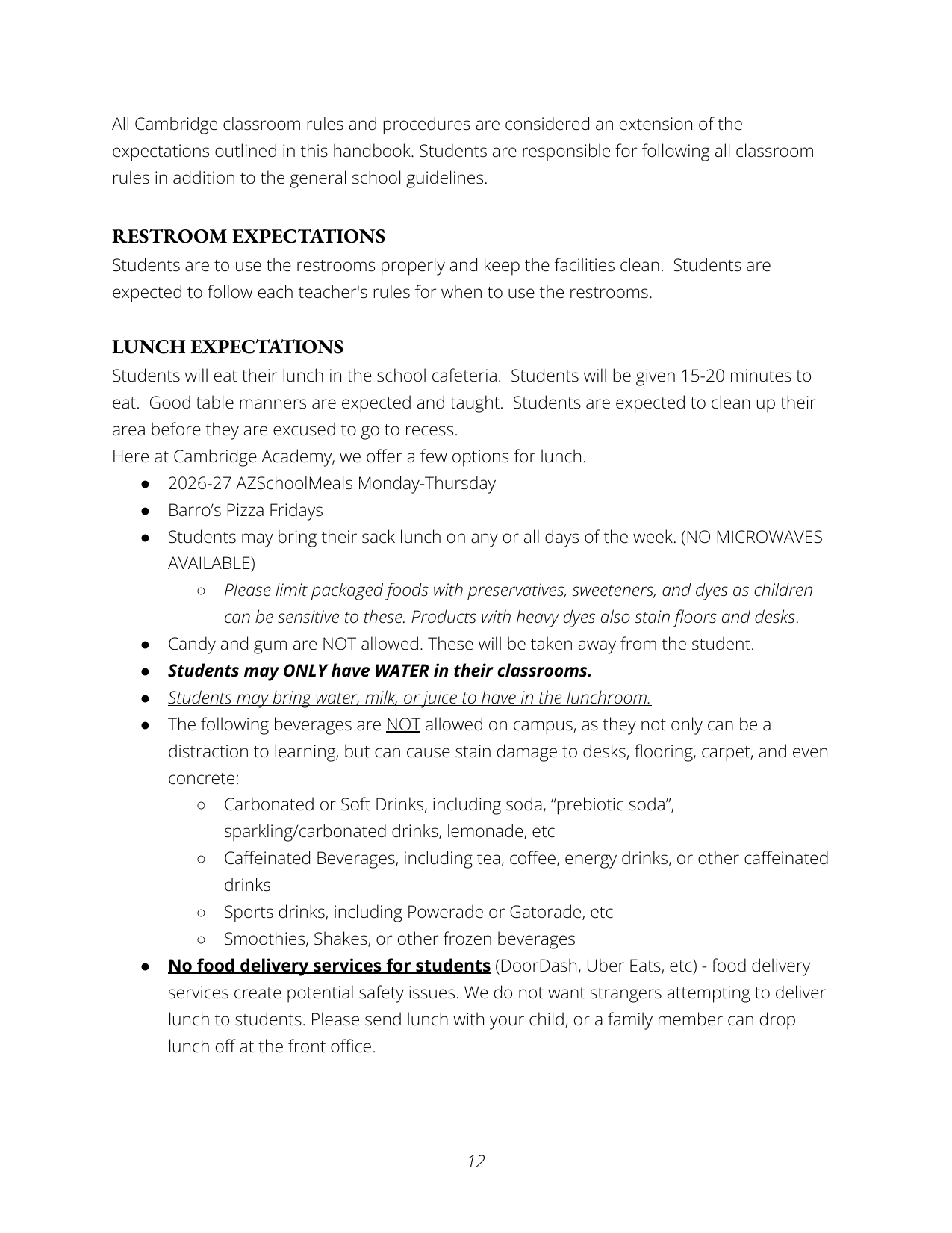 School handbook page with rules and procedures for students, including restroom, lunch, and health guidelines, with some text in bold and italics.