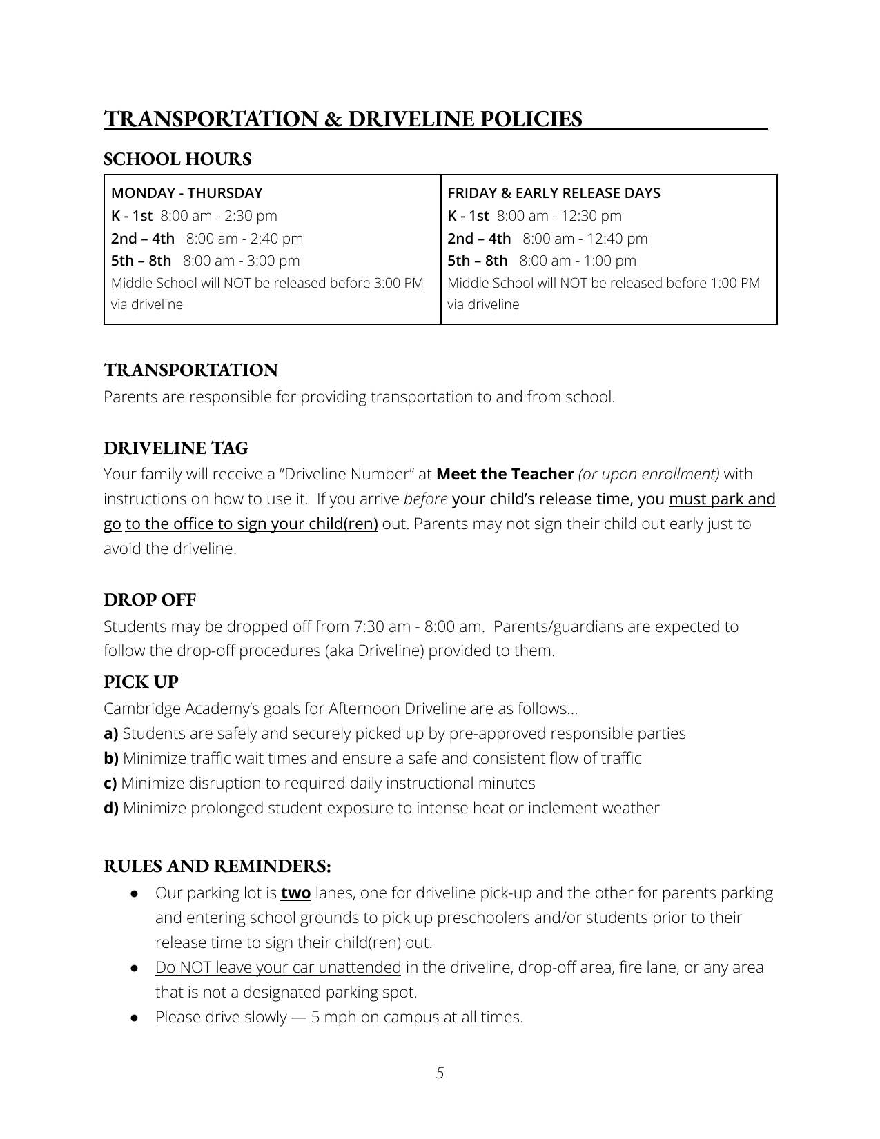 School transportation and drivelines policies document detailing school hours, transportation rules, drop-off and pick-up procedures, and safety reminders.