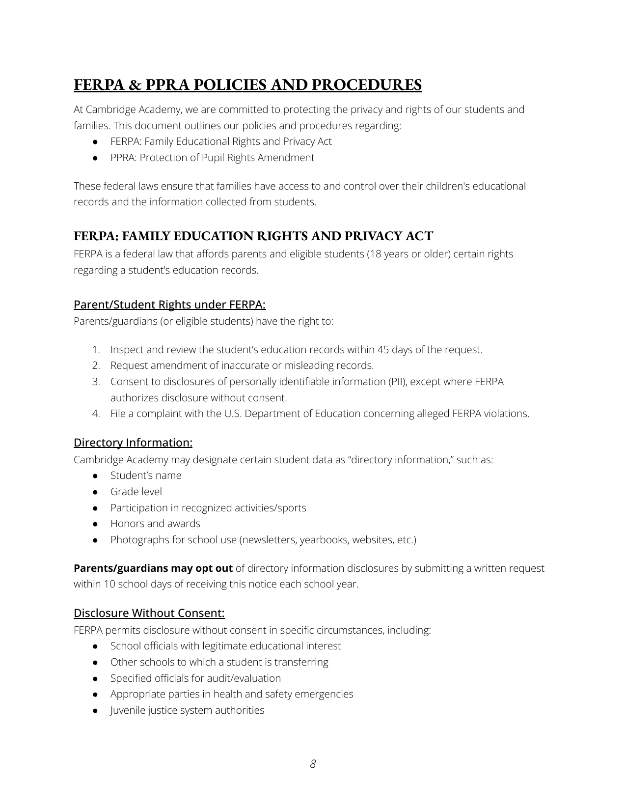 Document titled "FERPA & PPRA Policies and Procedures" detailing privacy and rights of students at Cambridge Academy, including rights under FERPA and directory information, with sections on disclosures without consent and opt-out options.