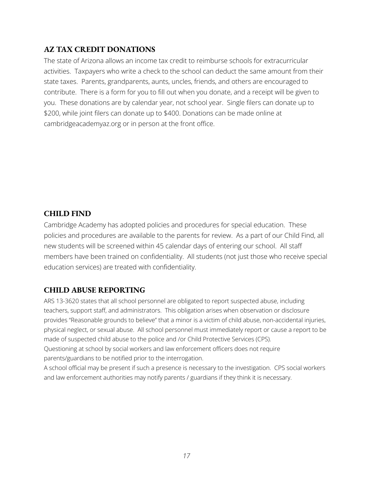 Page of a document containing information about Arizona state tax credits for donations to schools, child find procedures, and child abuse reporting regulations.