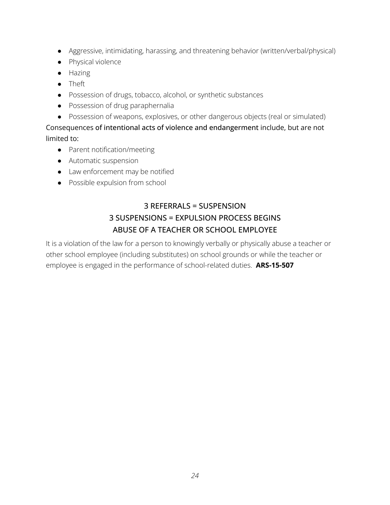 Text outlining behaviors and consequences related to violence and endangerment, including aggressive behavior, physical violence, hazing, theft, possession of drugs or weapons, and suspension or expulsion procedures.