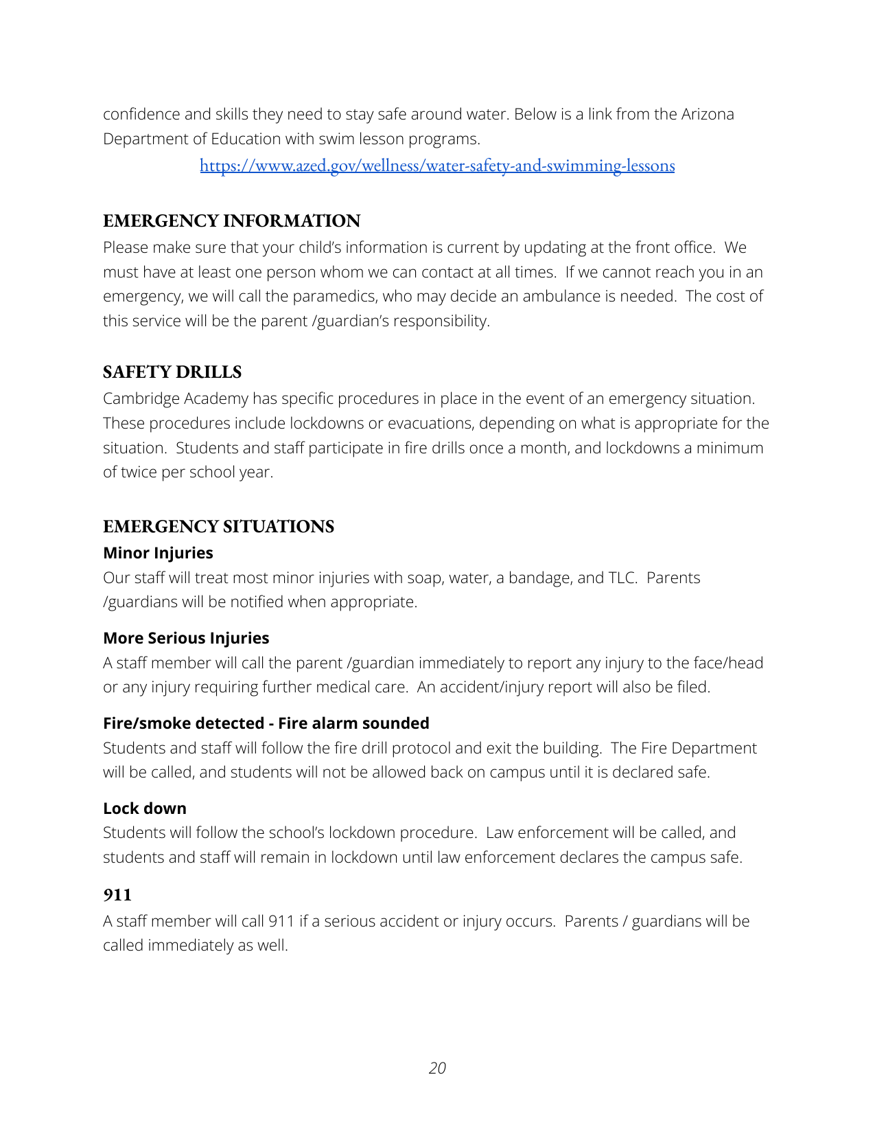 Text document outlining water safety, emergency procedures, safety drills, and response protocols at Cambridge Academy, including emergency contact information, fire drills, lockdown procedures, and reporting injuries.
