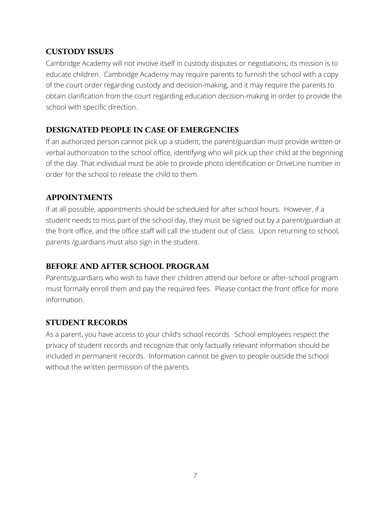 Document titled 'Custody Issues' with sections on custody disputes, designated emergency contacts, appointments, before and after school programs, and student records.