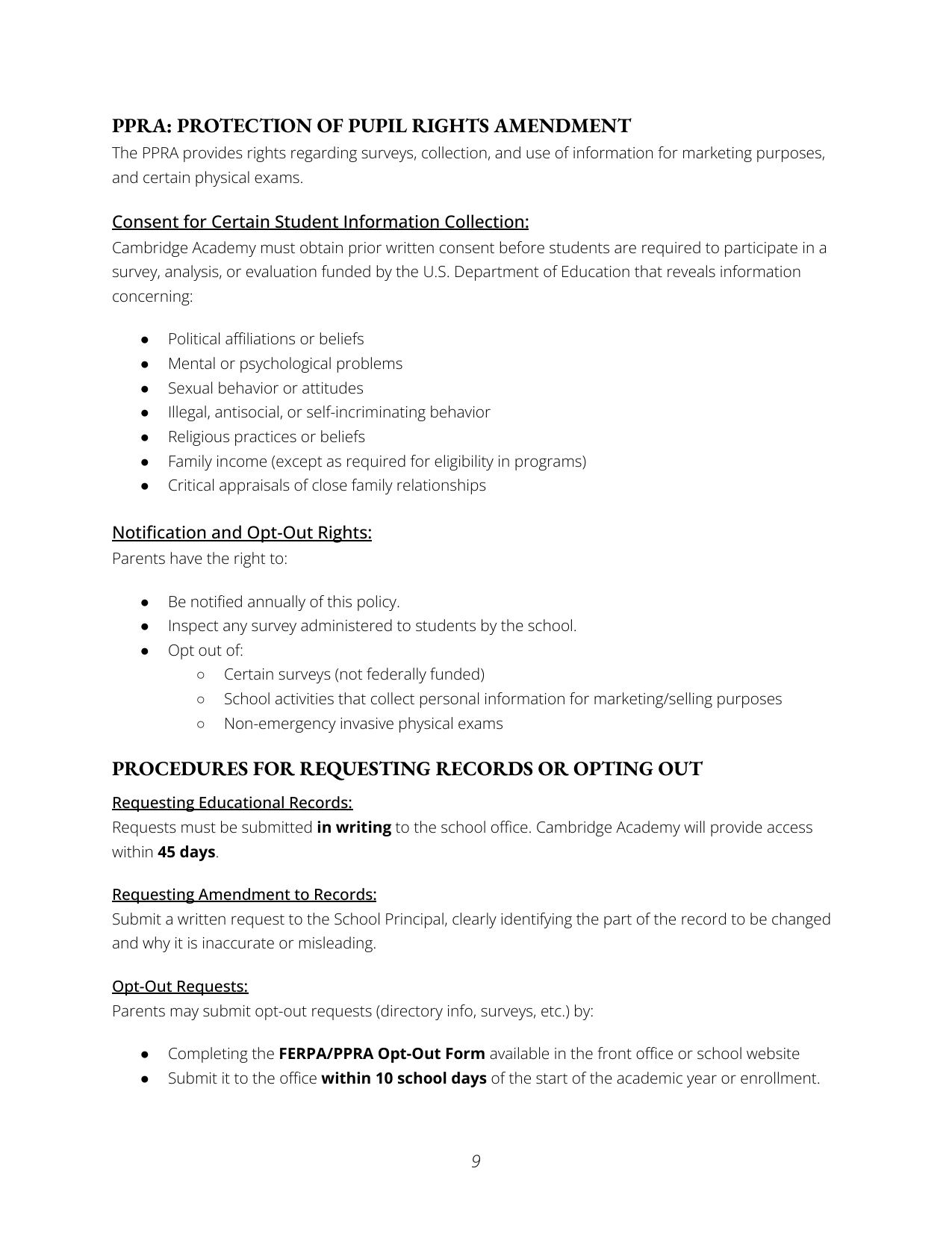 Document titled 'PPRA: Protection of Pupil Rights Amendment' with sections about consent, opt-out rights, and procedures for requesting records or opting out, including specific policies and timelines.