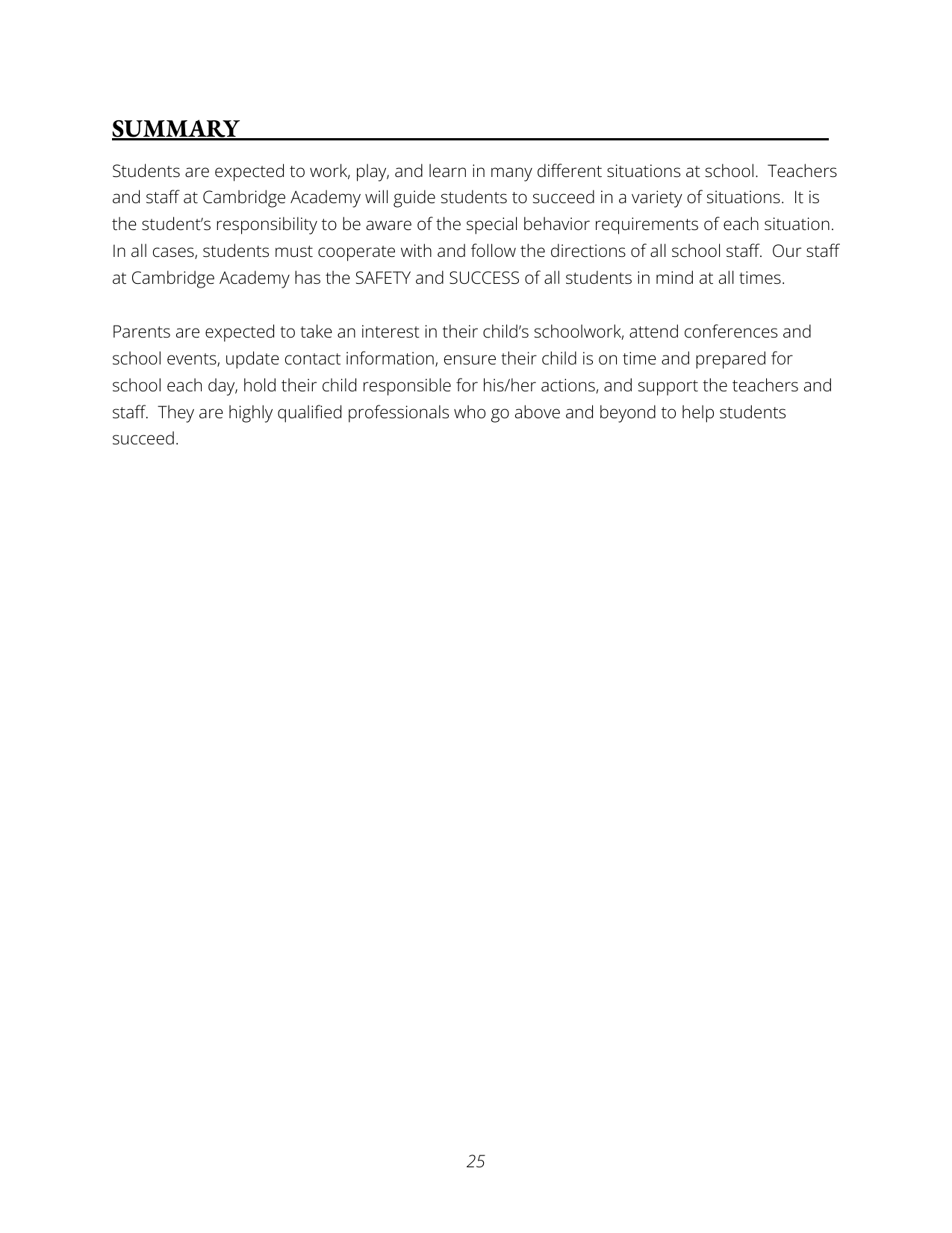 Page with the heading 'SUMMARY' and paragraphs about student and parent responsibilities at Cambridge Academy.