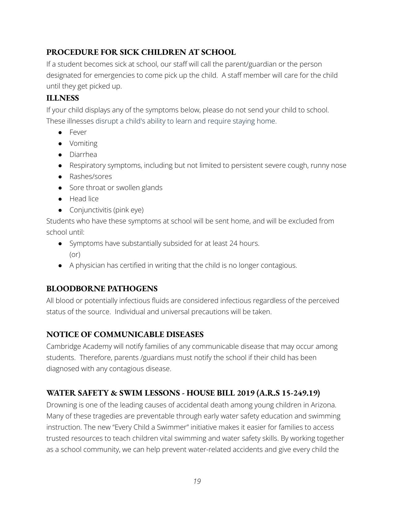 Document titled 'Procedure for Sick Children at School' outlining protocols for illness, contagious diseases, and water safety for students, including contact procedures, symptoms, pathogen considerations, and swim safety initiatives.