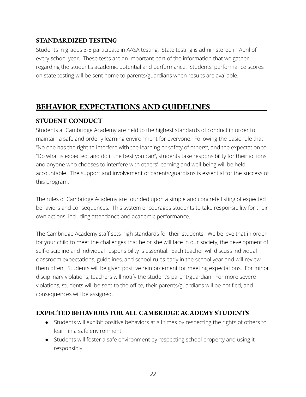 Page of a document with headings about standardized testing and behavior expectations at Cambridge Academy, including rules for student conduct and positive behavior standards.