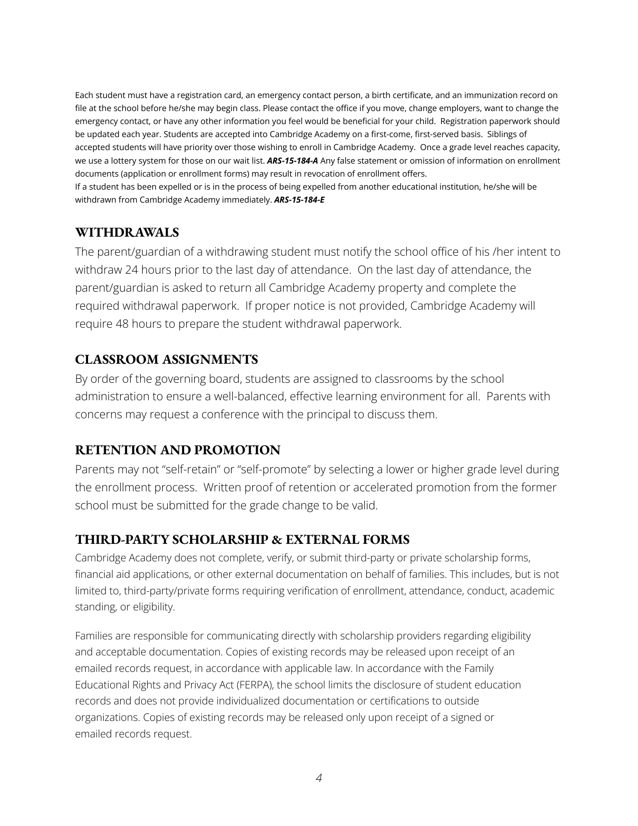 Page of school policies including registration requirements, withdrawals, classroom assignments, and scholarship information.