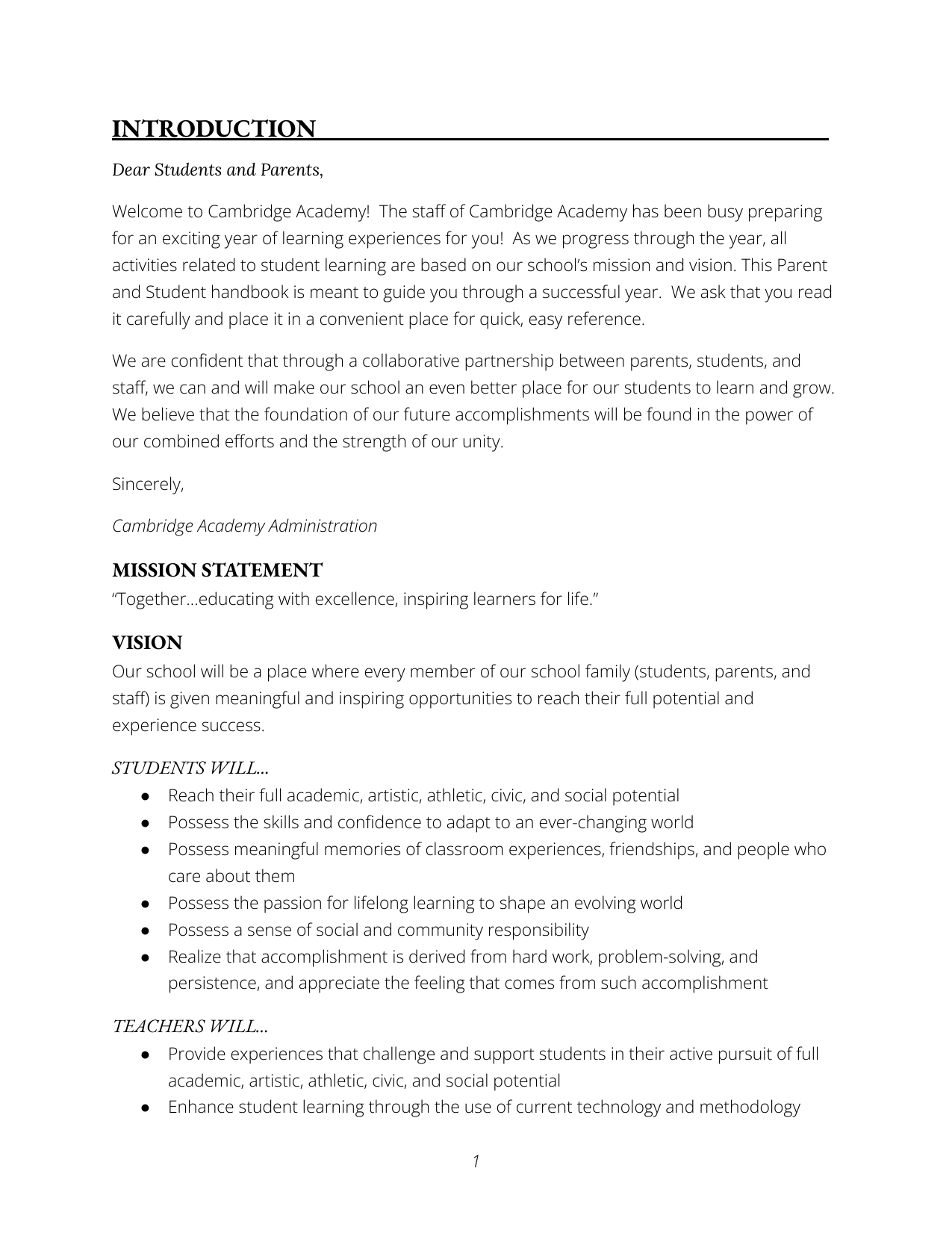Page of a school handbook or mission statement document with sections titled "Introduction," "Mission Statement," "Vision," "Students Will," and "Teachers Will," including text about school values, goals, and community expectations.