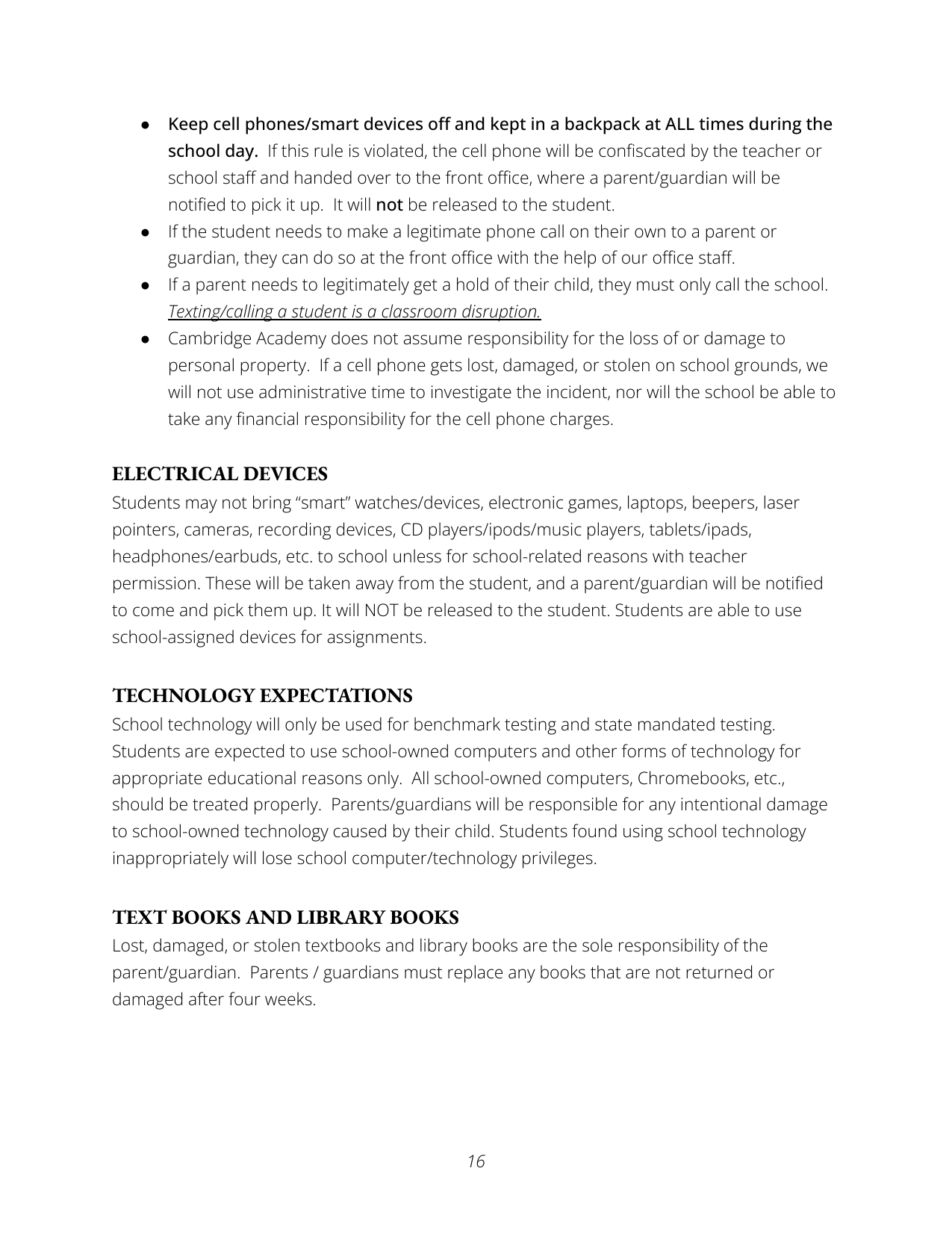 School policy document outlining rules about cell phone use, electronic devices, technology expectations, and responsibility for textbooks and library books.