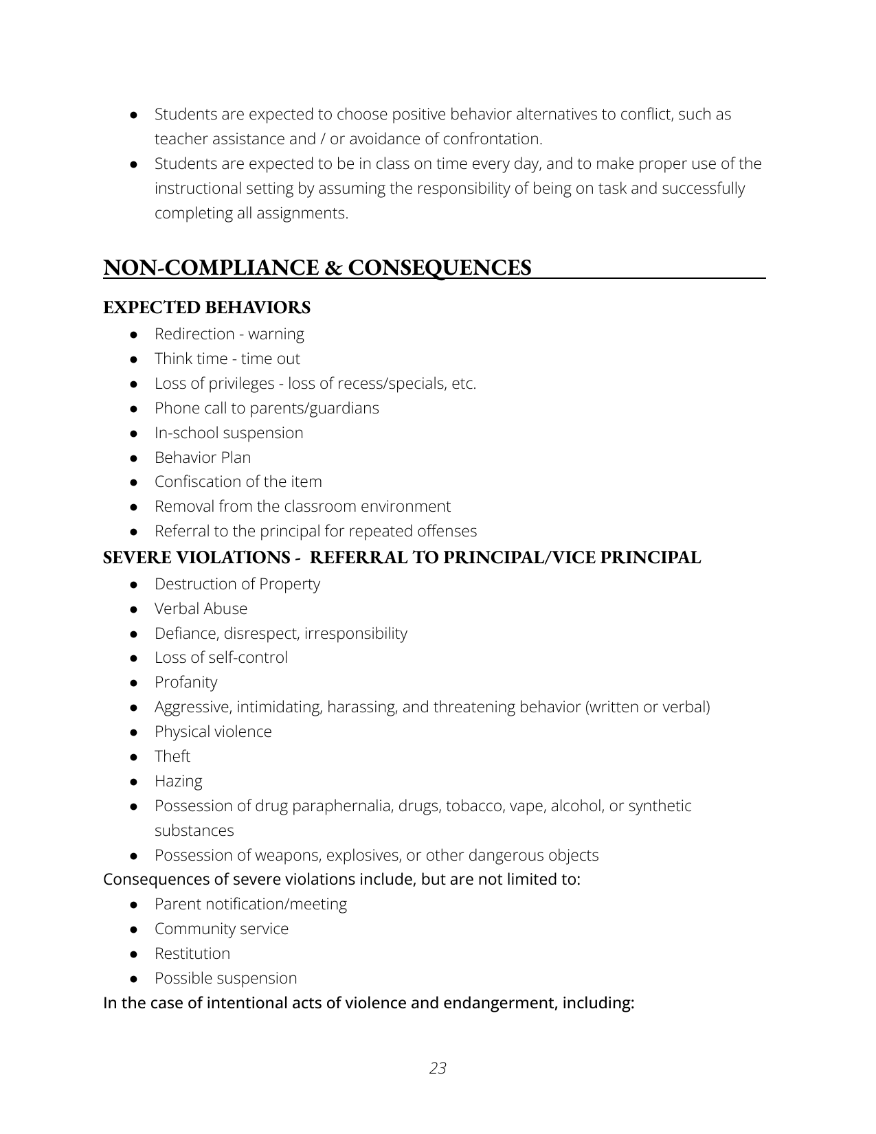 Page from a school policy or code of conduct document outlining behaviors and consequences for non-compliance and severe violations, including warning signs, in-school suspension, referral to principal, destruction of property, verbal abuse, defiance, theft, violence, and possession of drugs or weapons.