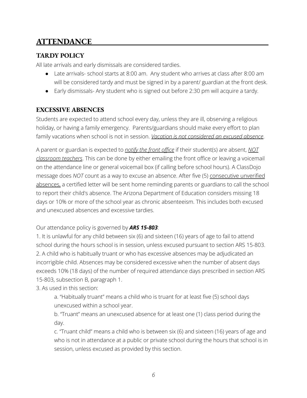 School attendance policy document detailing tardy policy, excessive absences, and related regulations.