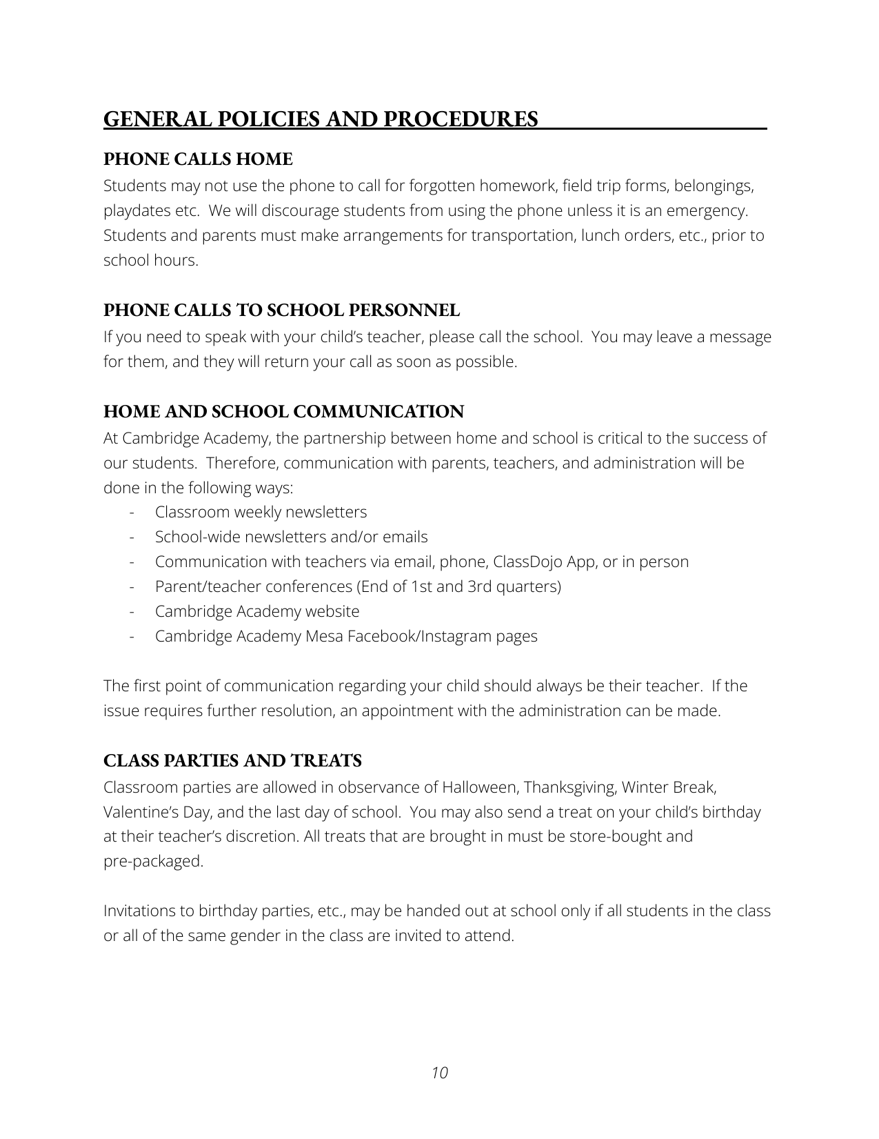 Page from a school policy document titled 'GENERAL POLICIES AND PROCEDURES' with sections on phone calls home, calls to school personnel, home and school communication, and class parties and treats.