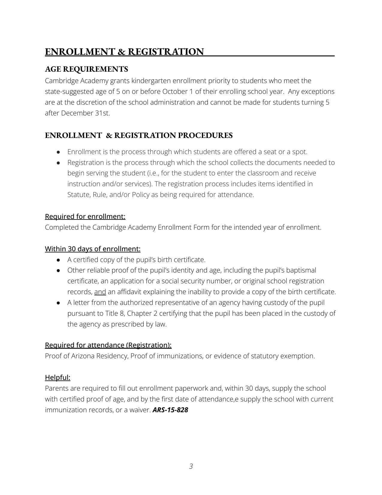 Page three of enrollment and registration document for Cambridge Academy, detailing age requirements, registration procedures, documentation needed, and helpful instructions for parents.