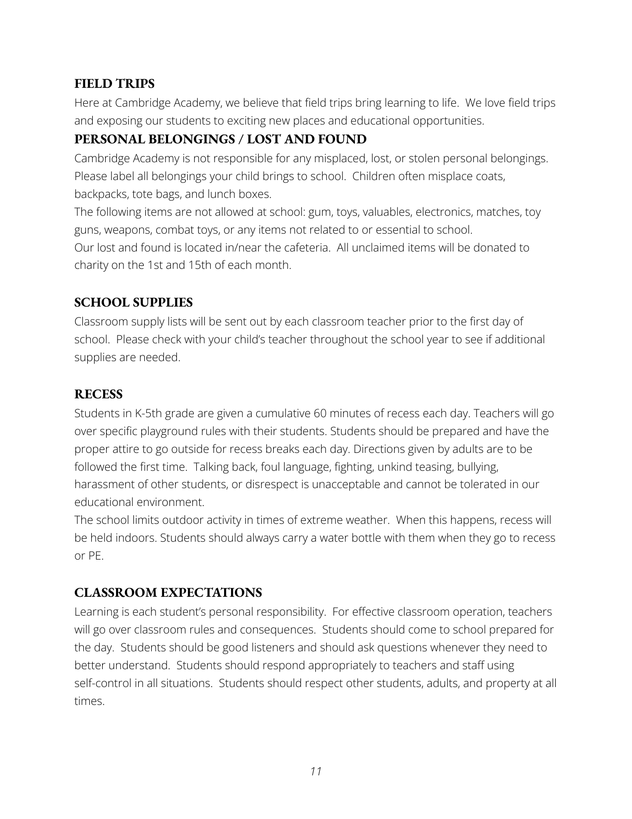 Page of a school document outlining policies on field trips, personal belongings, school supplies, recess, classroom expectations, and student responsibilities.