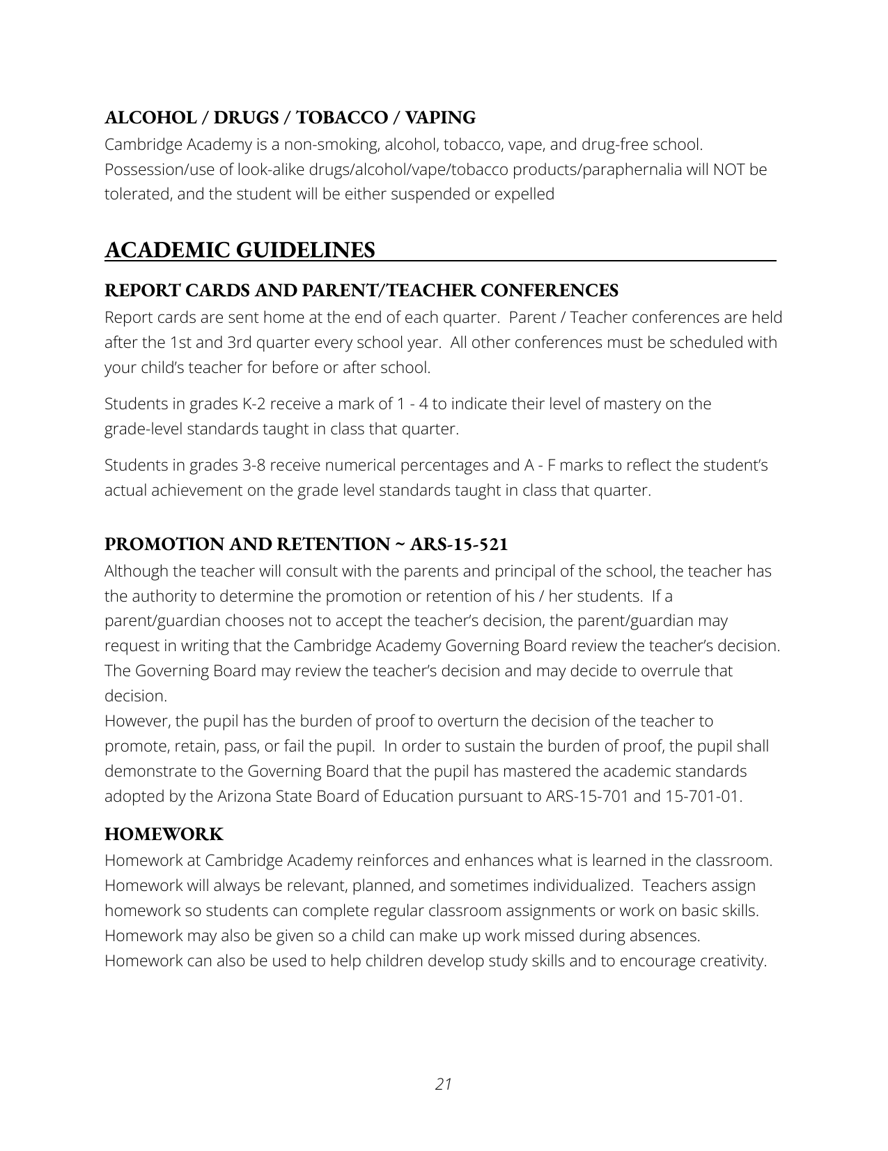 Page 21 of a document containing academic guidelines, policies on alcohol, drugs, tobacco, vaping, and school rules on report cards, parent/teacher conferences, student achievement standards, promotion, retention, and homework at Cambridge Academy.