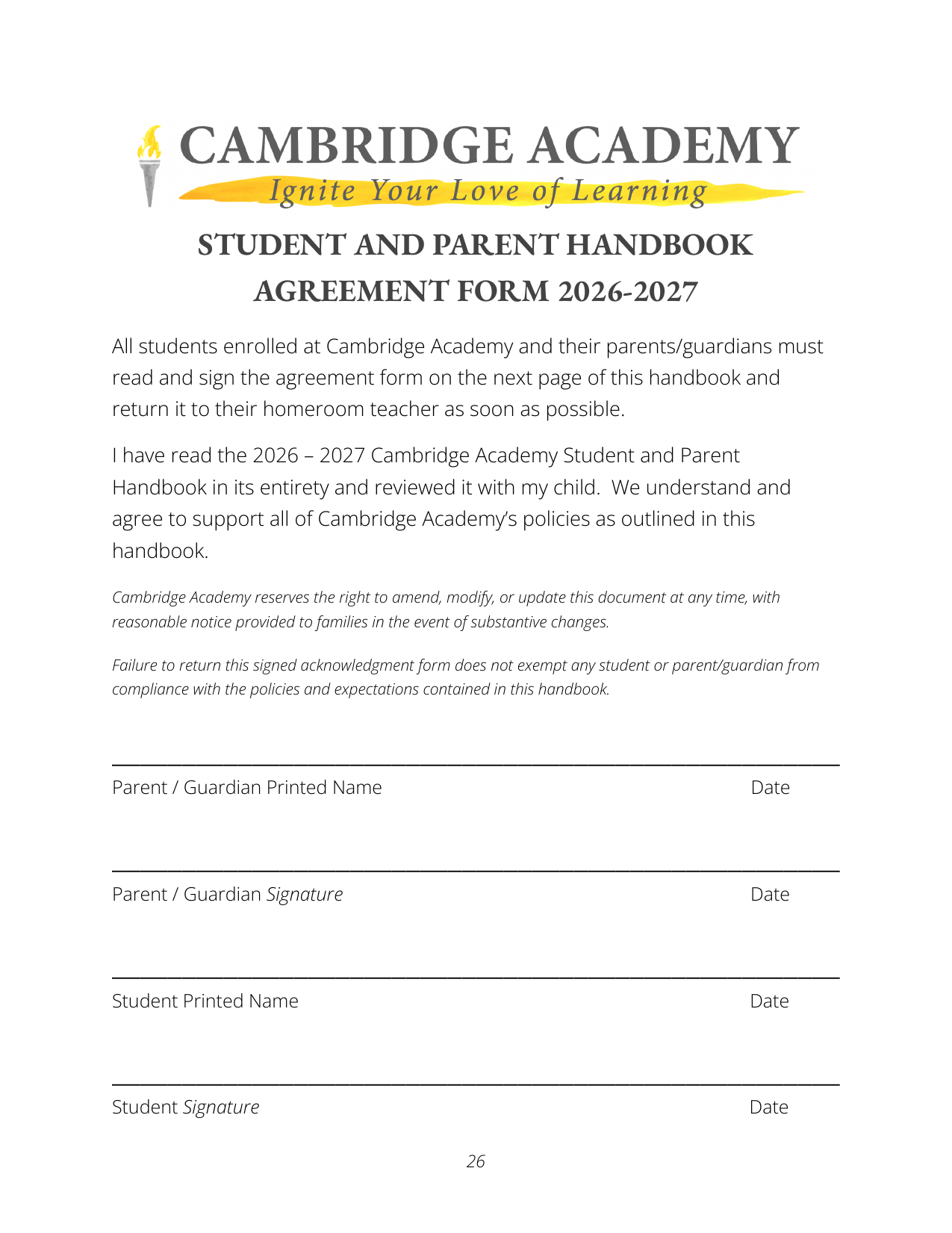 A school handbook titled "Cambridge Academy Student and Parent Handbook Agreement Form 2026-2027" with the slogan "Ignite Your Love of Learning" under a torch icon, featuring space for parent and student signatures and dates.