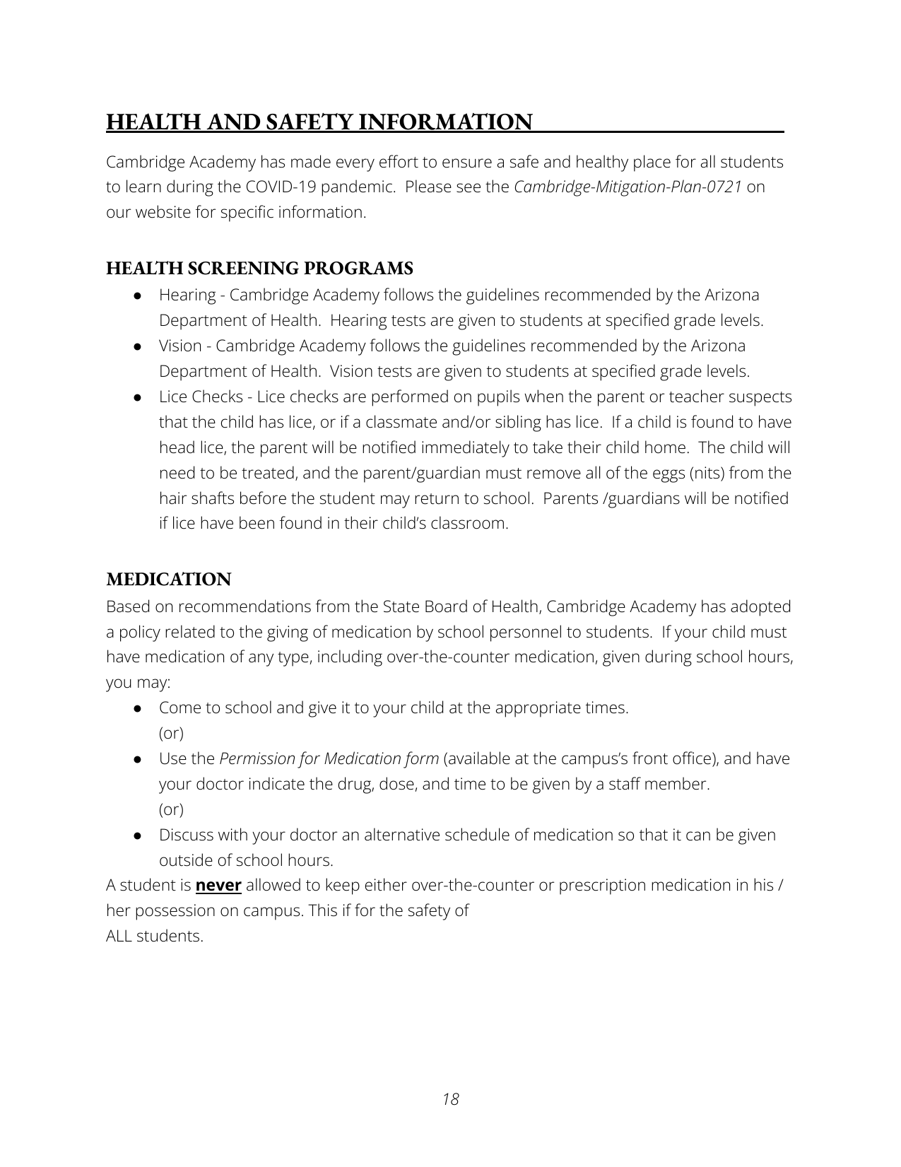 Document titled 'Health and Safety Information' with sections on COVID-19 measures, health screening, and medication policies at Cambridge Academy.