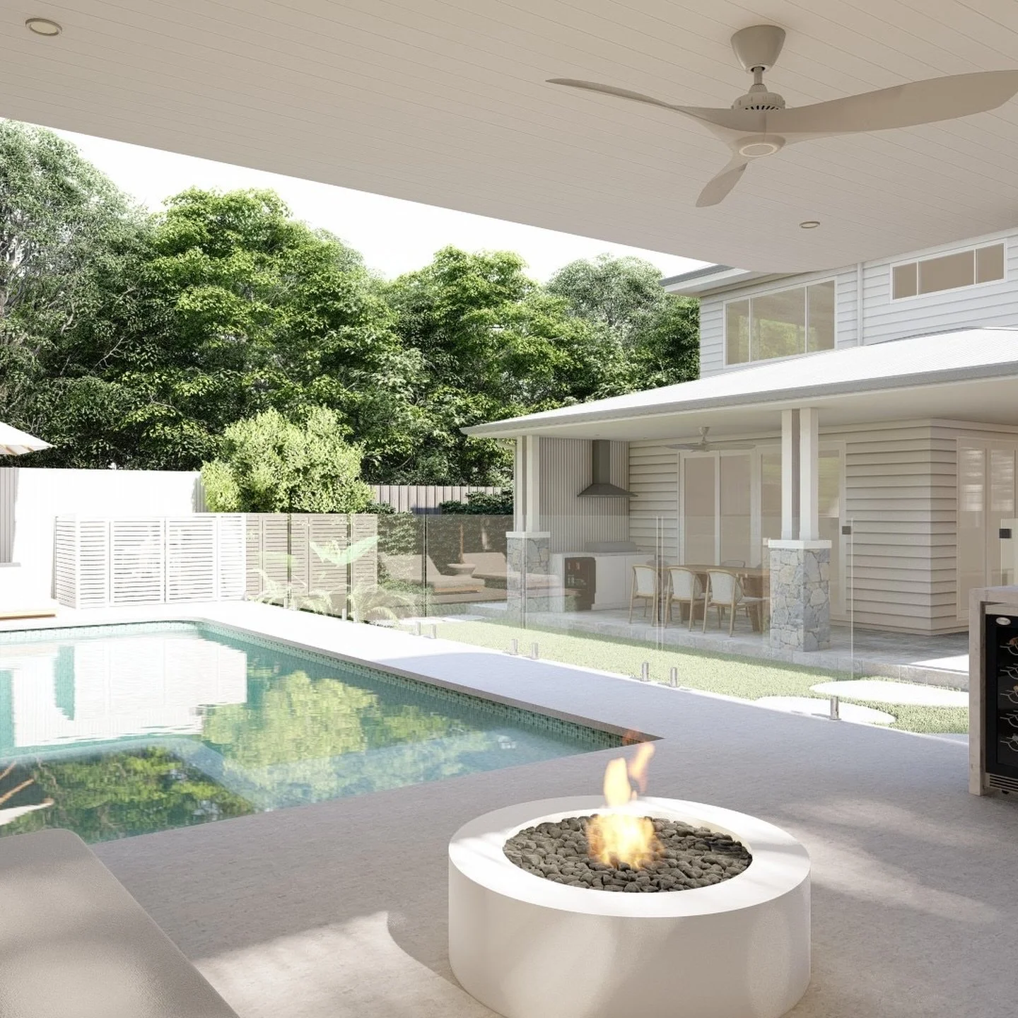 From morning coffee by the pool to evening drinks by the firepit, this Brisbane outdoor design was all about creating moments.
Including a pool, pool house, outdoor kitchen, firepit and spacious entertaining areas that feel seamless and serene.
A spa