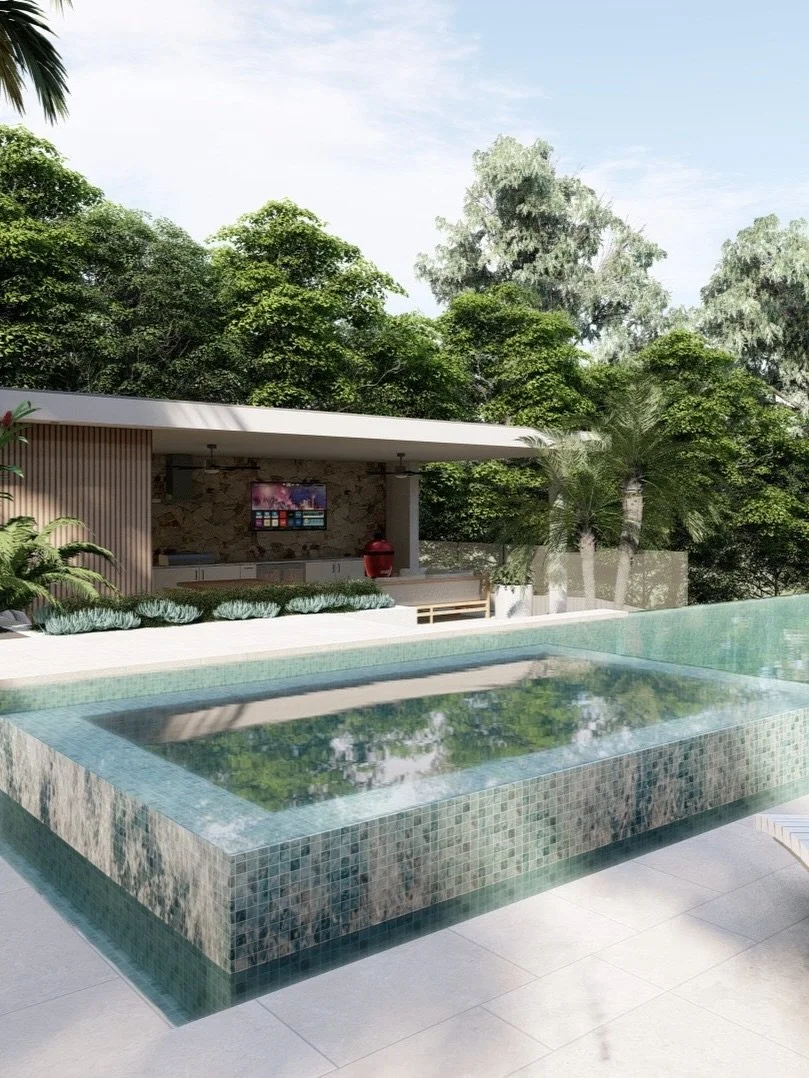 Level changes used with purpose.
An elevated spa integrated into the pool design adds visual interest while defining zones, with the pool house and outdoor entertaining area completing a cohesive, resort-style retreat.

Designed by @fluidlandscapedes