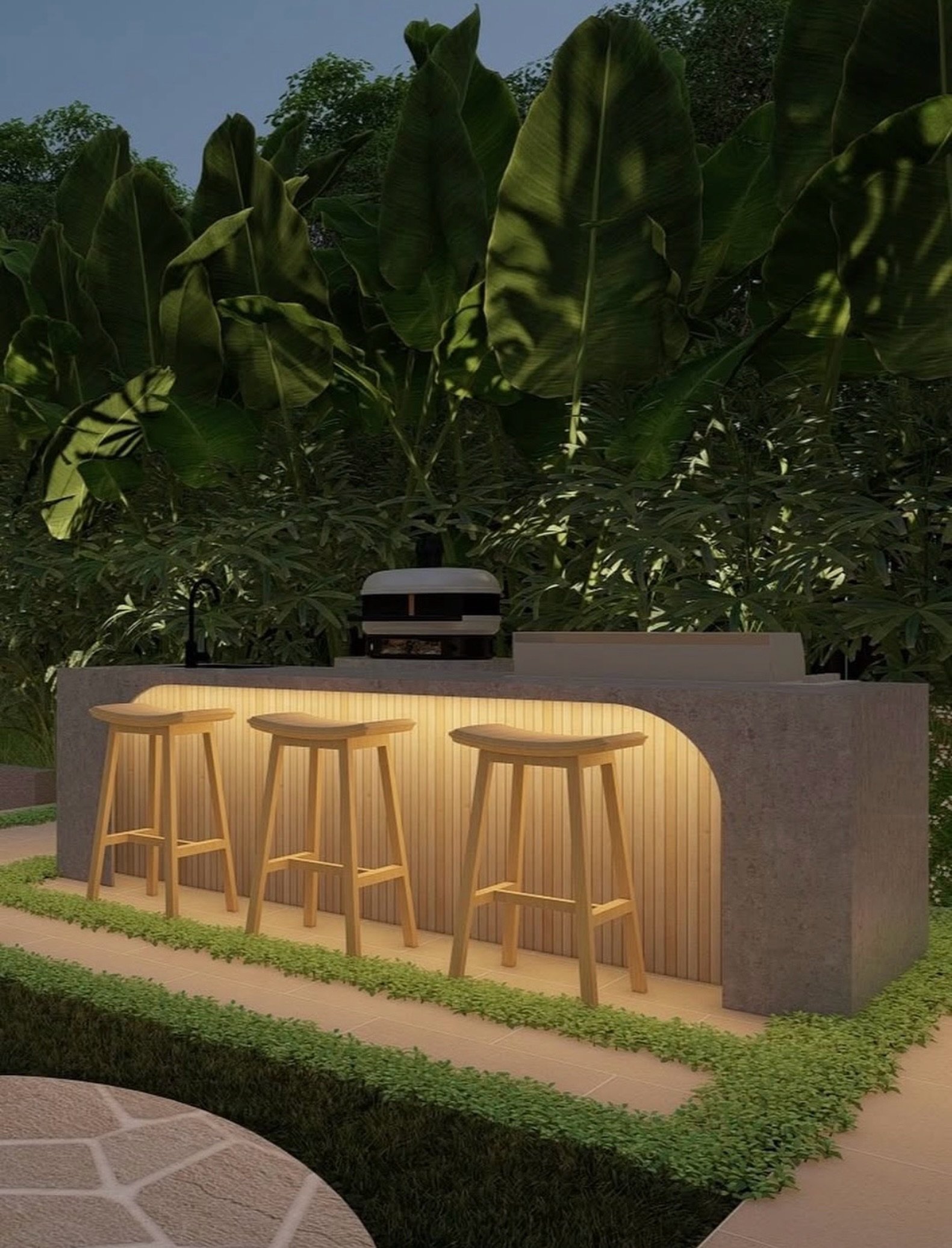 Pizza nights, but make it resort-style. 🍕🌿

Relaxed bar seating, lush tropical surrounds and a Gozney pizza oven make this the perfect spot for long lunches, casual drinks and easy evenings at home.

Designed by @fluidlandscapedesign 

3D image by 