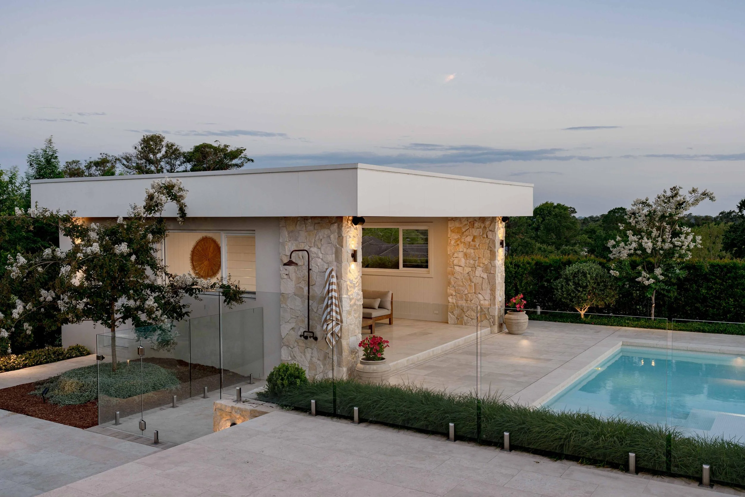 Pool house at dusk