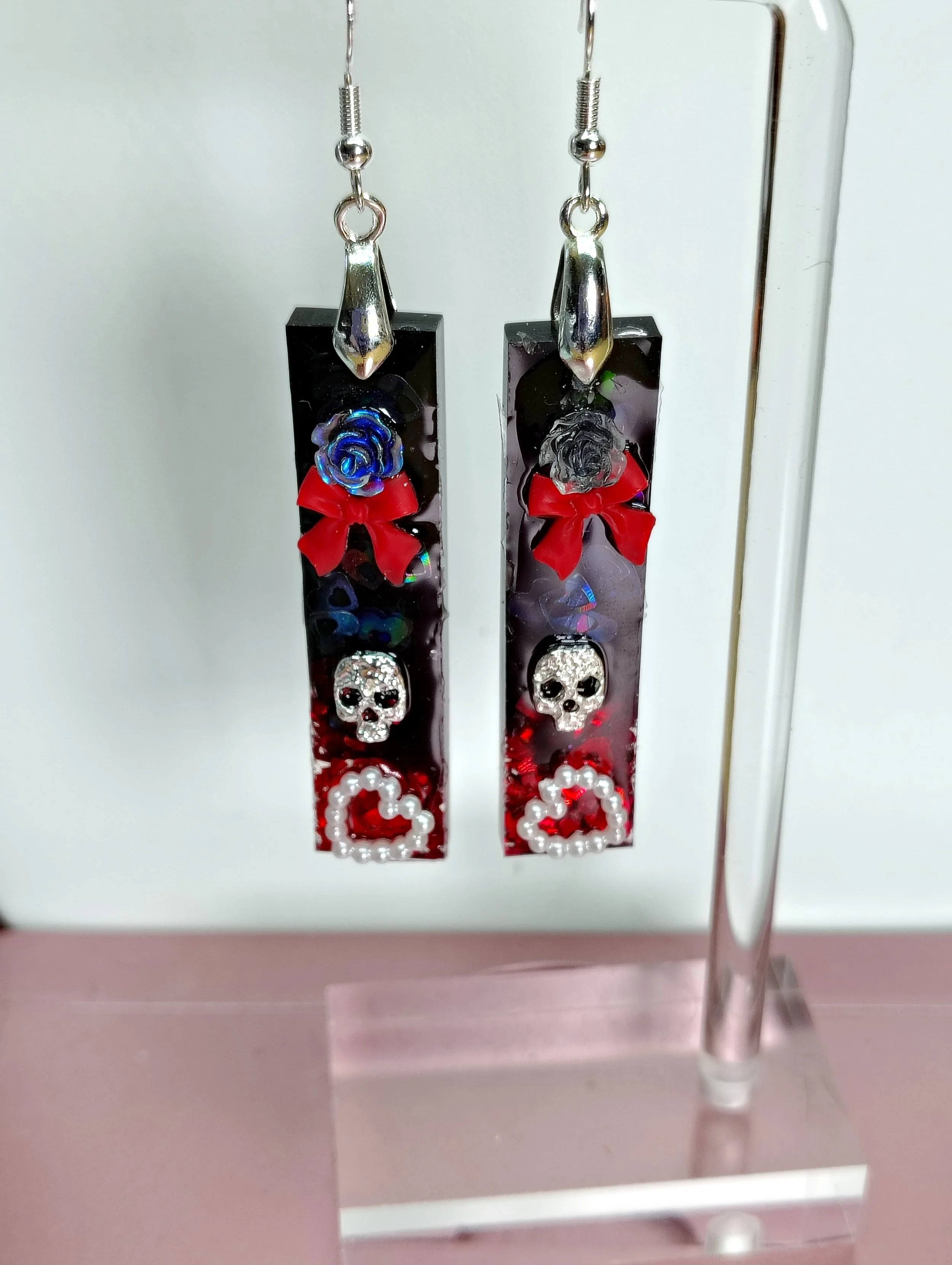 Long Rectangle Skull and Pearl Earrings
