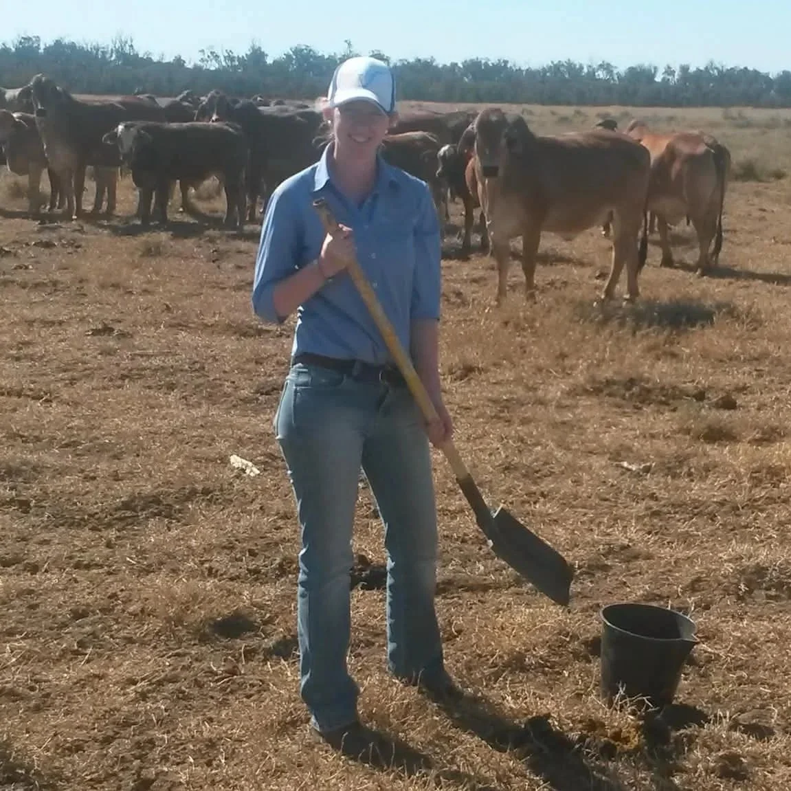 A woman smiling with a white calf, both with their heads close together, outdoors in sunlight.
