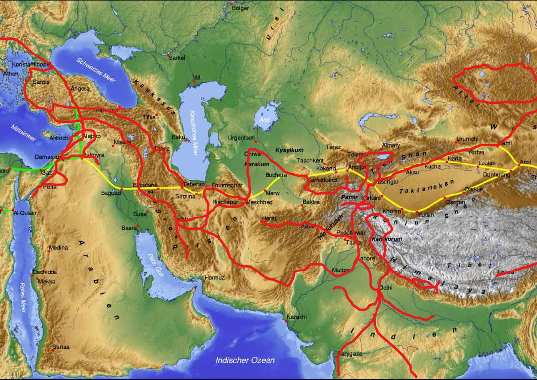 Silk roads travelled (red line): Mongolia to Turkey through China, Pakistan, Afghanistan, India and Iran. And back the other way through the Turkmenistan, Uzbekistan, Tajikistan and Kyrgyzstan.