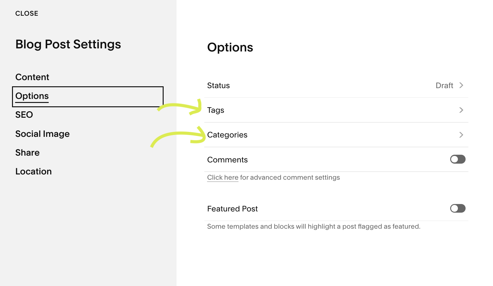 blog categories and tags example on Squarespace websites