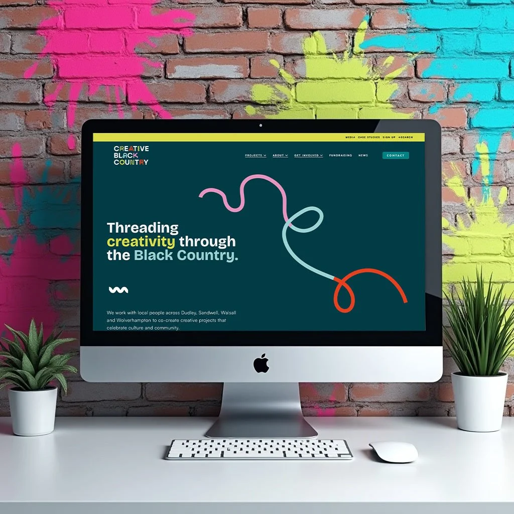 Screenshot of a website homepage for Creative Black Country, highlighting their work with local communities across Dudley, Sandwell, Walsall, and Wolverhampton, celebrating 10 years of creative projects, with colorful line art and navigation menu at the top.