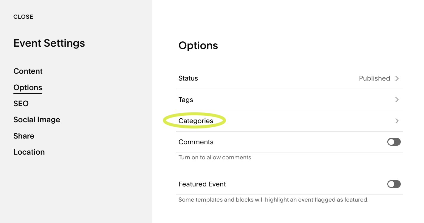 screen example of Squarespace event categories