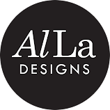 Black circular logo with white text: 'ALLA DESIGNS'