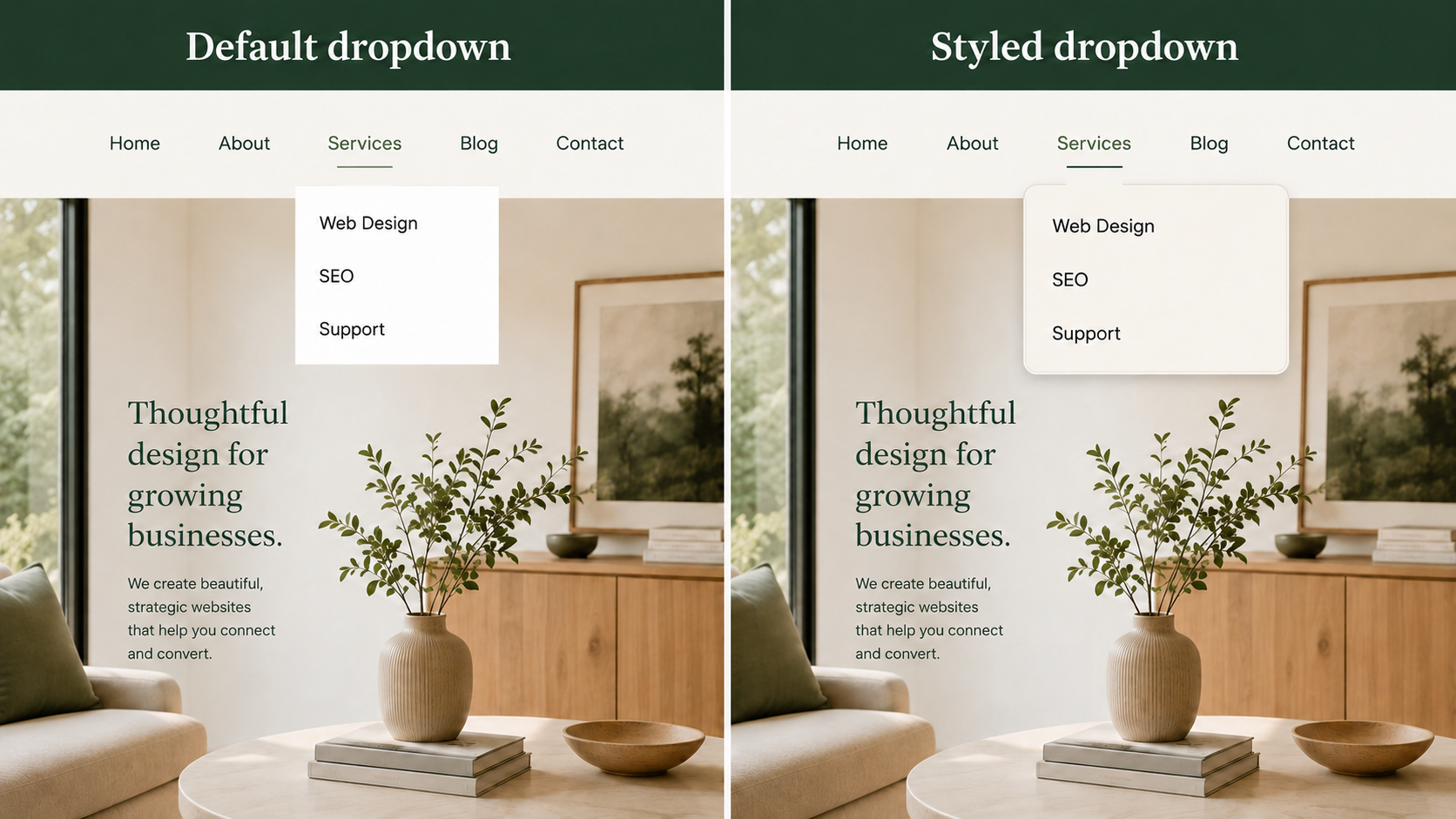 navigation dropdown styling in Squarespace