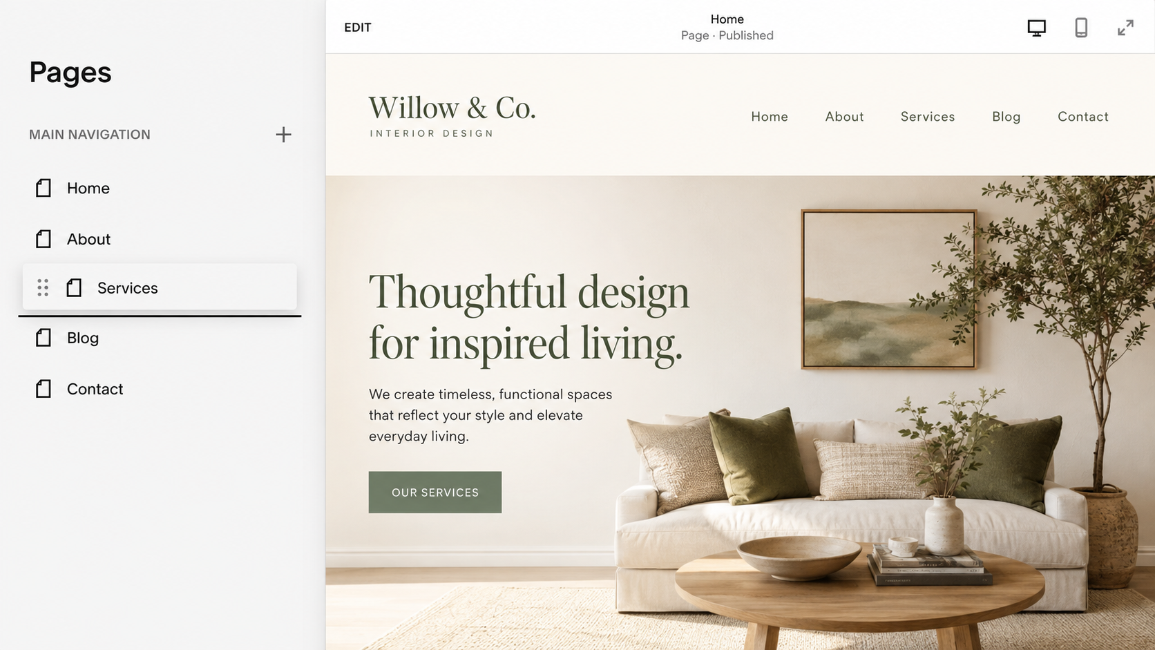preview of re ordering navigation page sin Squarespace