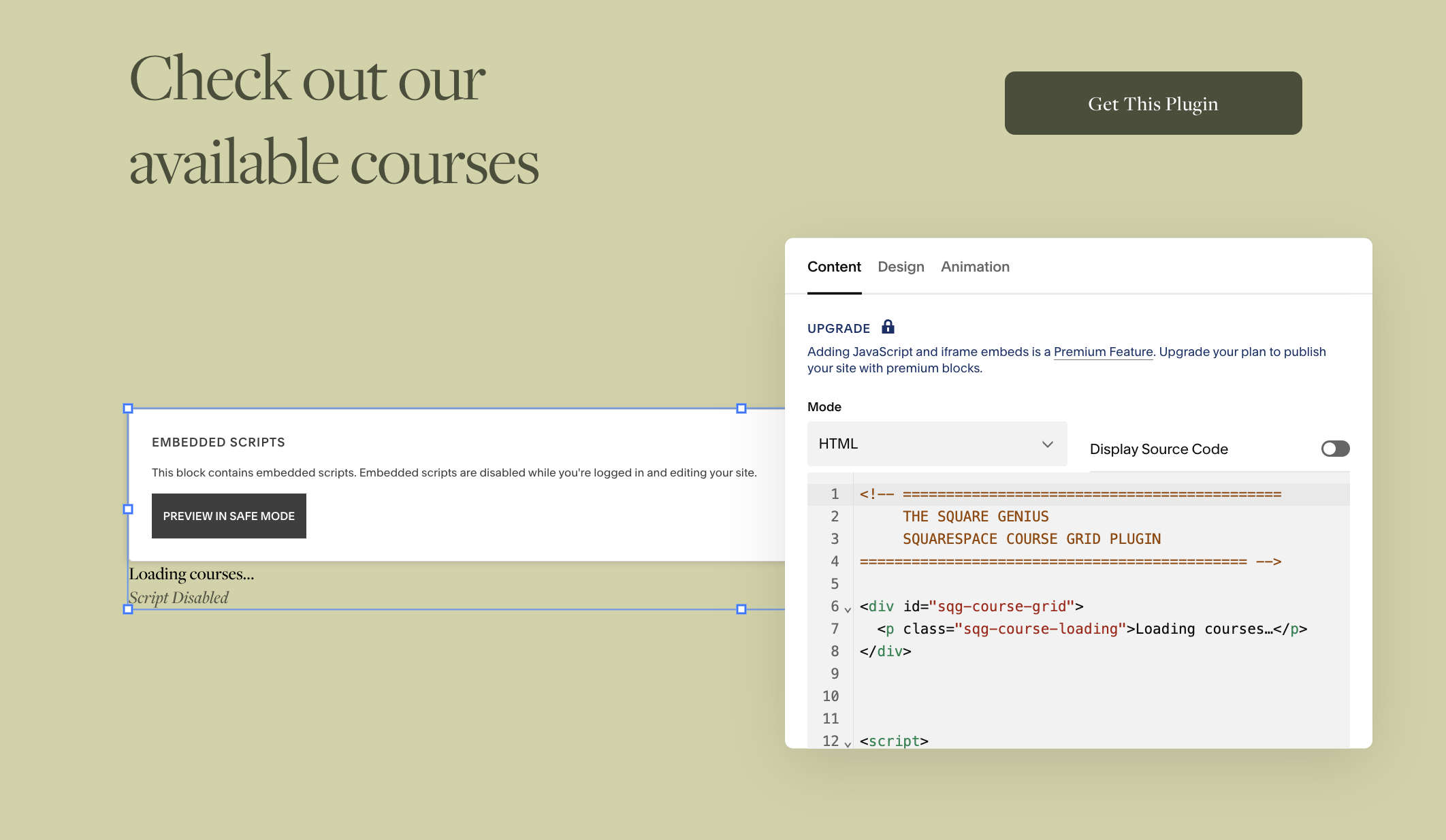 Squarespace course plugin code block