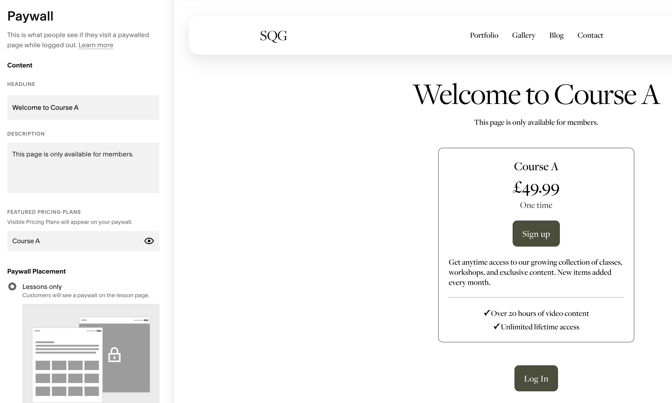 example of course paywall settings on Squarespace