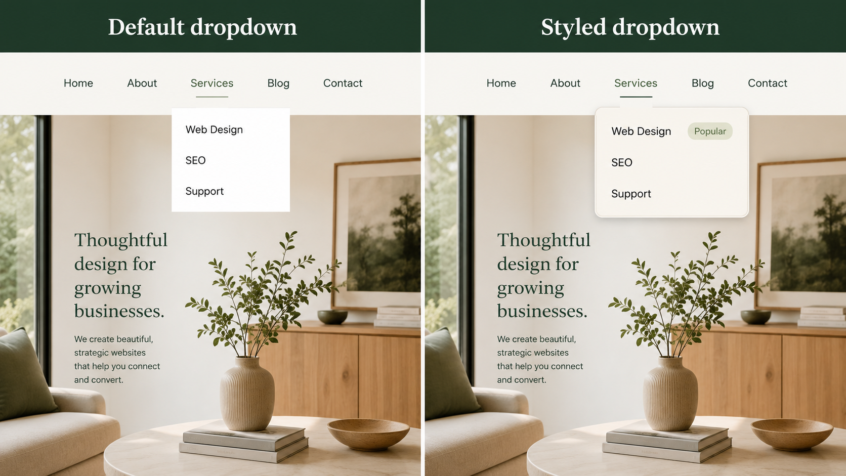 preview of the Squarespace navigation dropdown menu