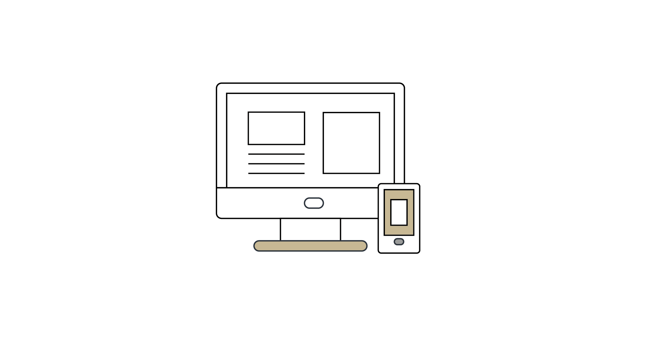 Illustration of a computer monitor and smartphone with a website displayed on both devices, set against a black background.