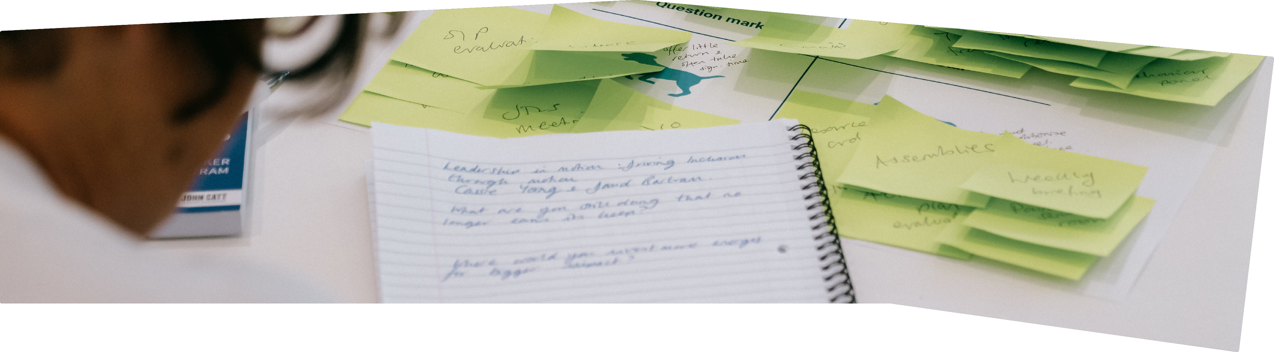 Close-up of a desk with a person looking at and writing on a spiral notebook filled with handwritten notes. The desk also has numerous yellow sticky notes with handwritten words and a boxed game or book on the side.