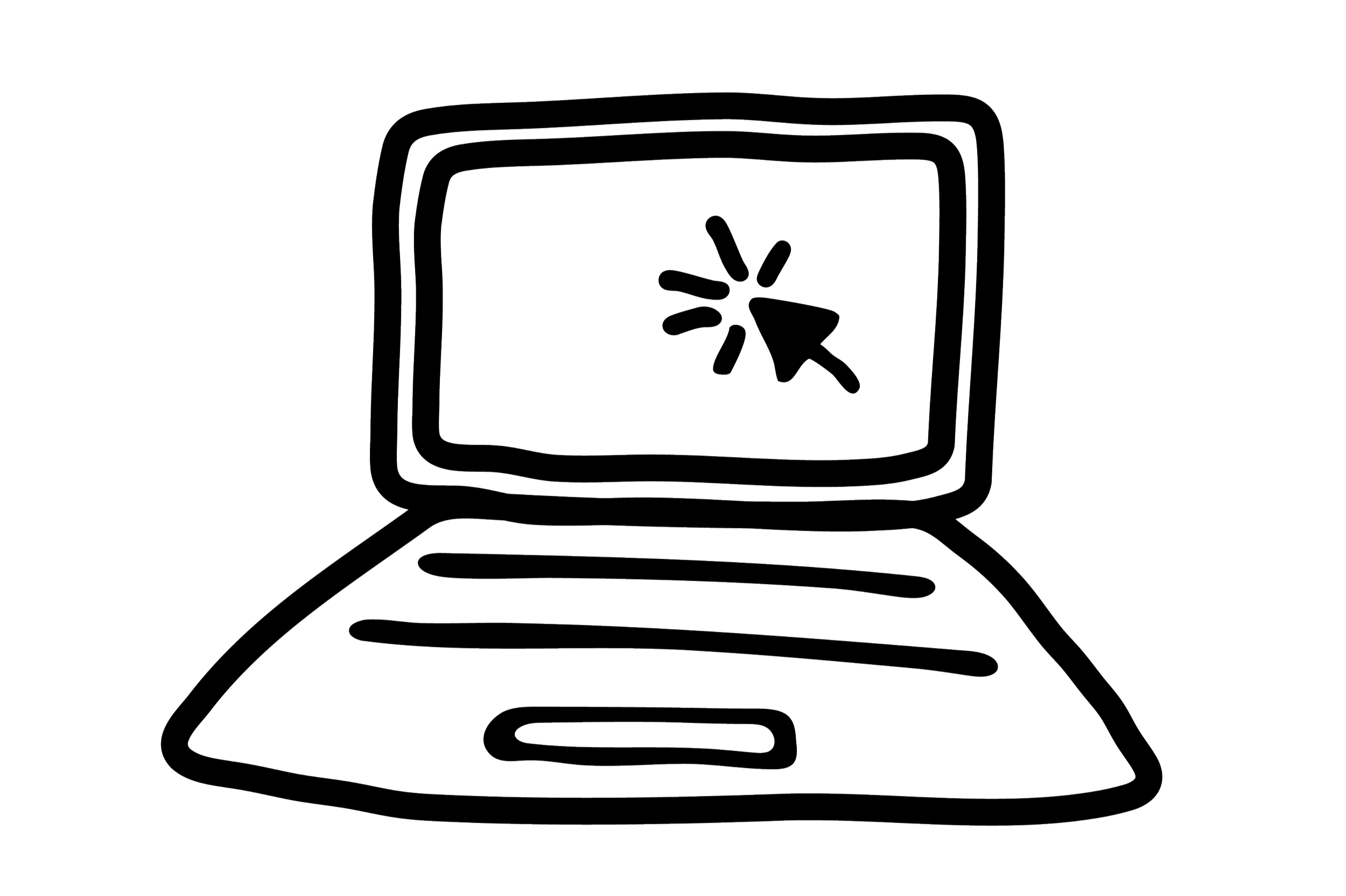 Outline drawing of an open laptop with a hand cursor pointing at an alert symbol on the screen.