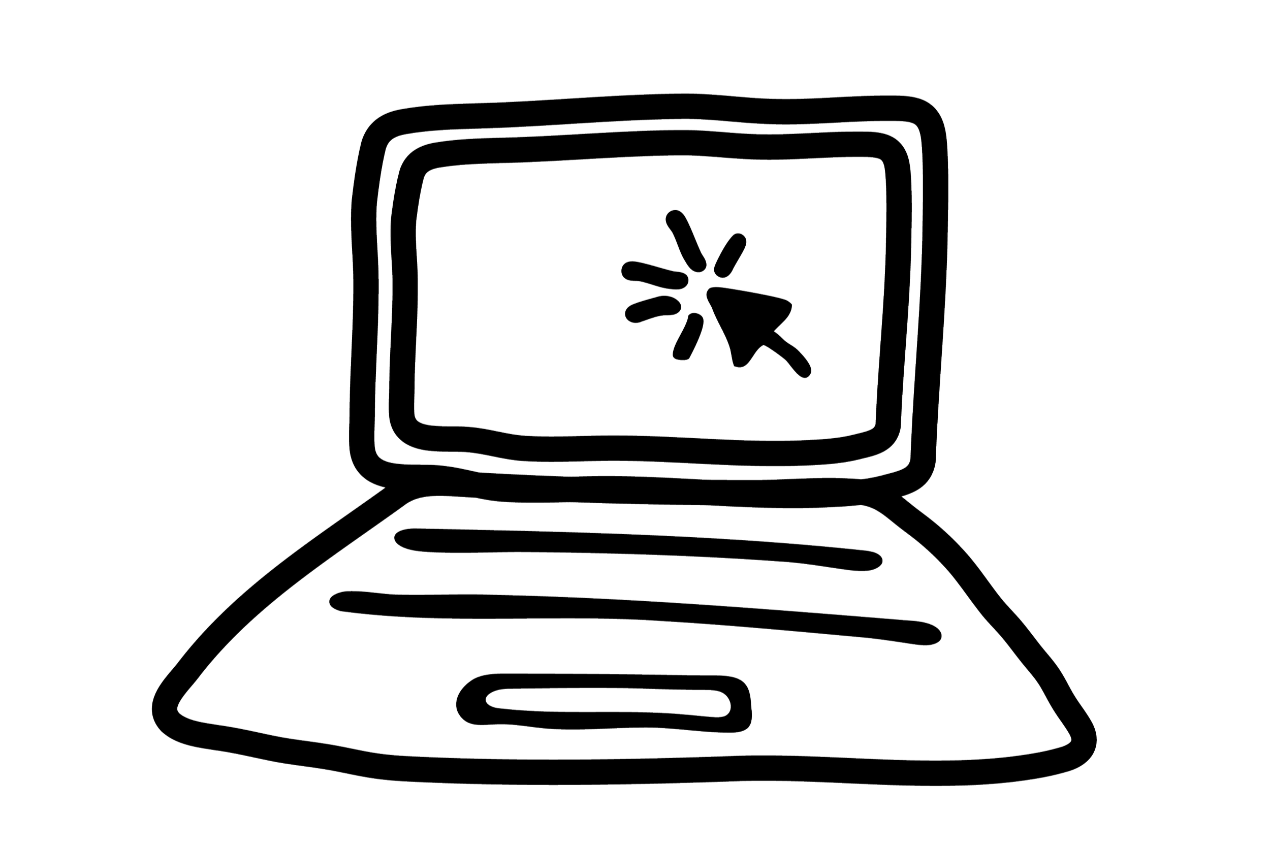 Line drawing of an open laptop computer with a broken screen, missing parts, and cracks.