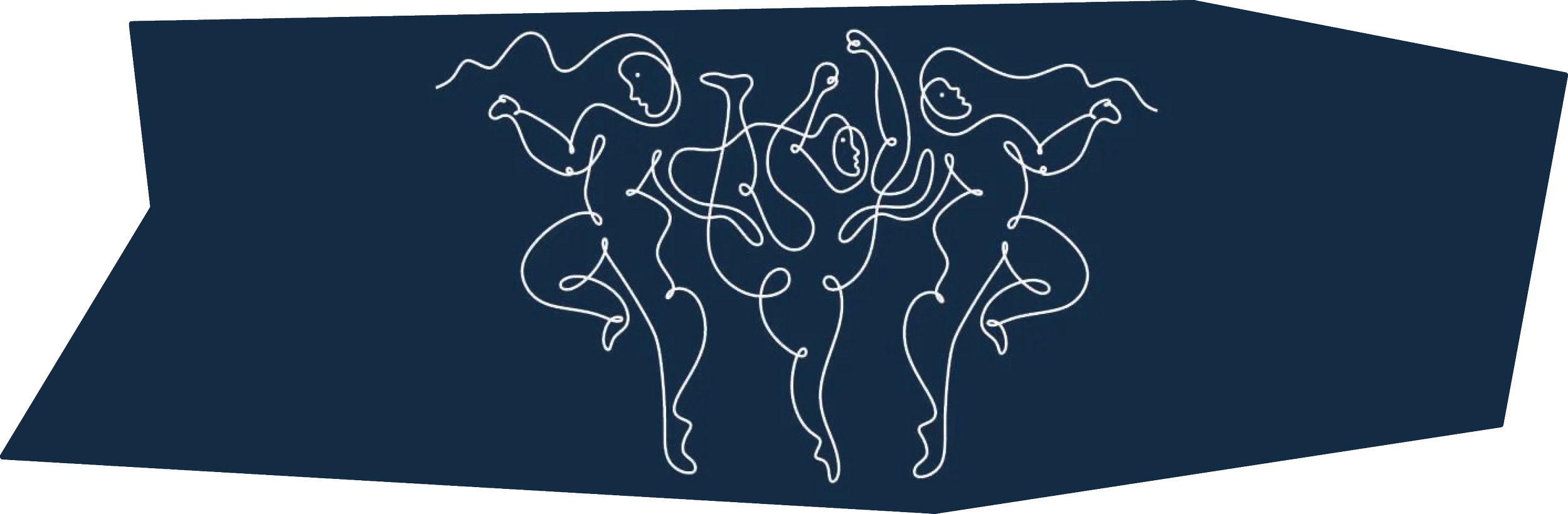 An abstract art piece featuring interconnected white lines forming multiple human faces on a dark blue background.